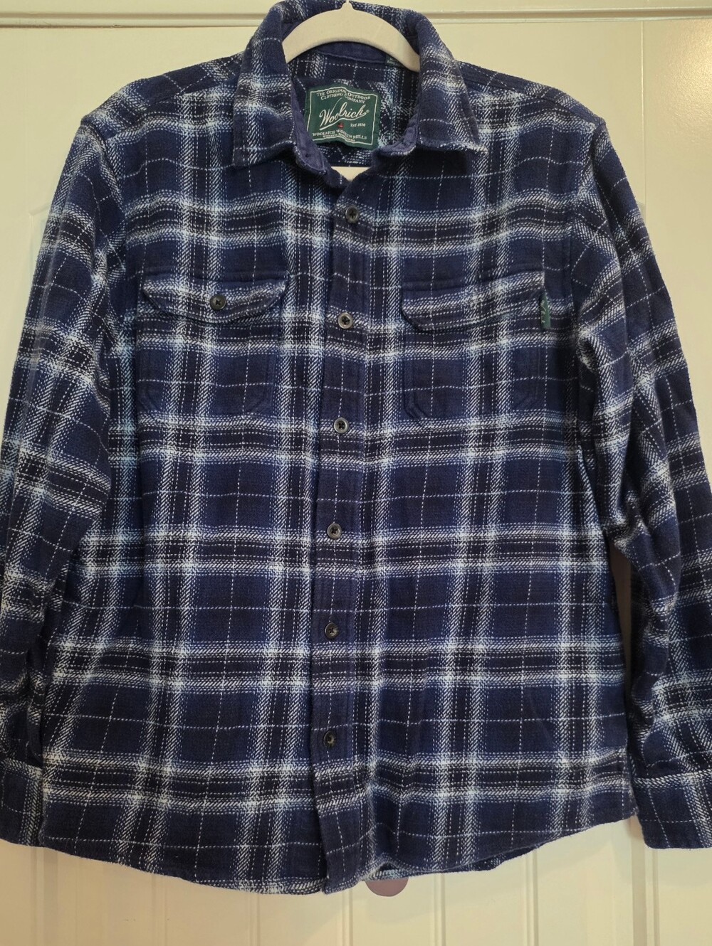 Woolrich Shirt Adult Medium Blue Plaid Flannel Long Sleeve Shacket Pockets Men M